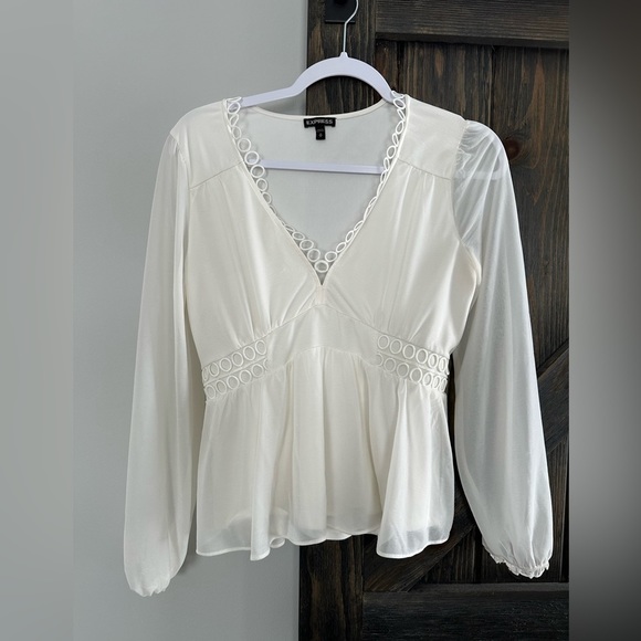 Express Tops - EXPRESS Blouse Scalloped Lace Hem Long Balloon Sleeve Peplum Lined White Medium